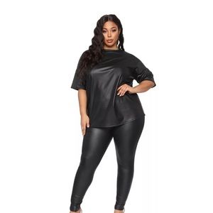 PU leather short sleeve pant set